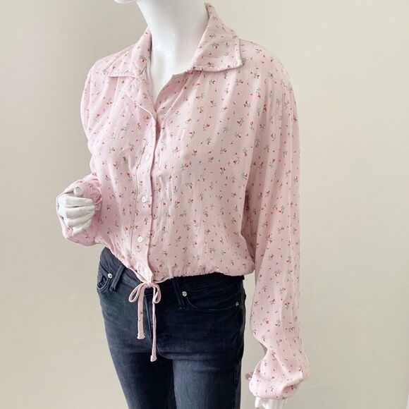 Brandy Melville Pink Tie Bottom Cropped Button Down Cherry Blossom Floral Print - Picture 2 of 5